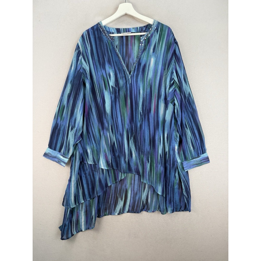 Catherines Women's Plus Sz 2X Blue Beauty‎ Striped Asymmetric Chiffon Tunic Top